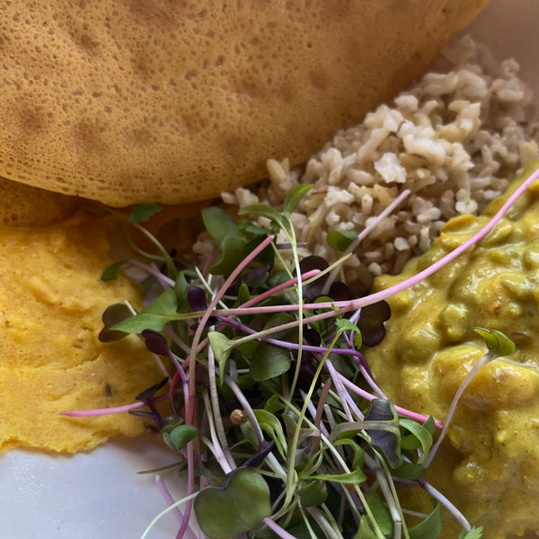 chickpea pancake curry sprouted greens